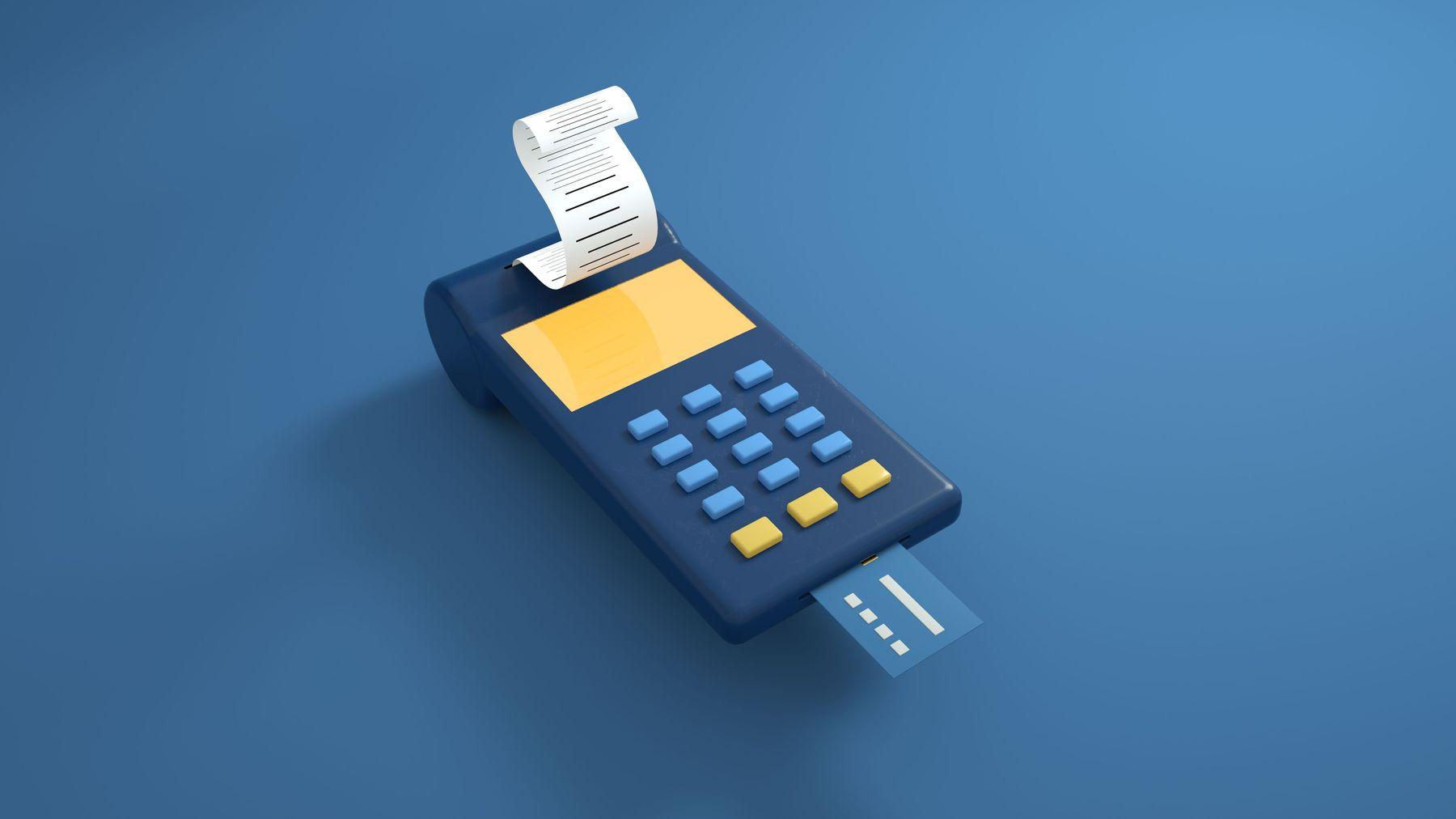 Model de terminal de plată cu card și bon tipărit, pe fundal albastru