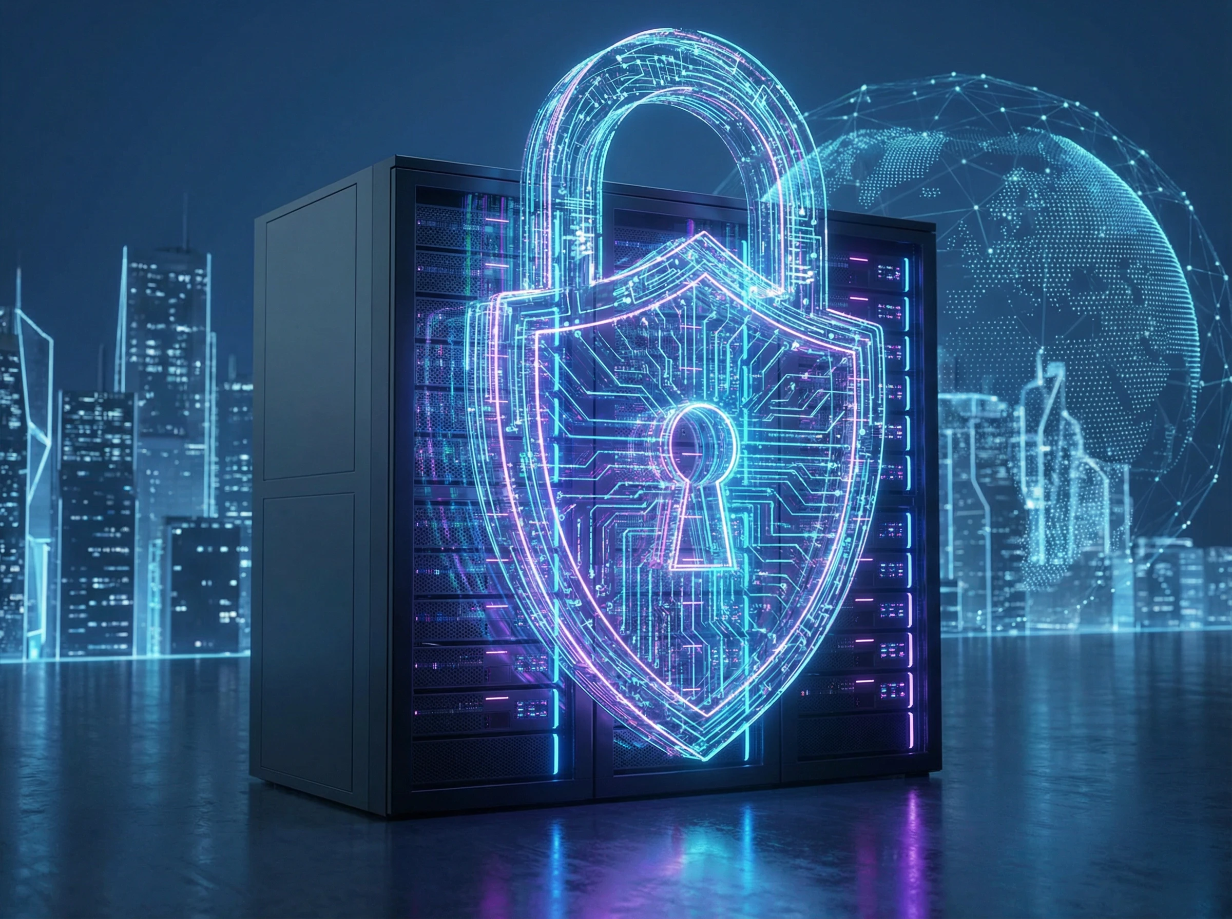 Simbol de securitate digitală, lacăt cibernetic protejând datele unui server