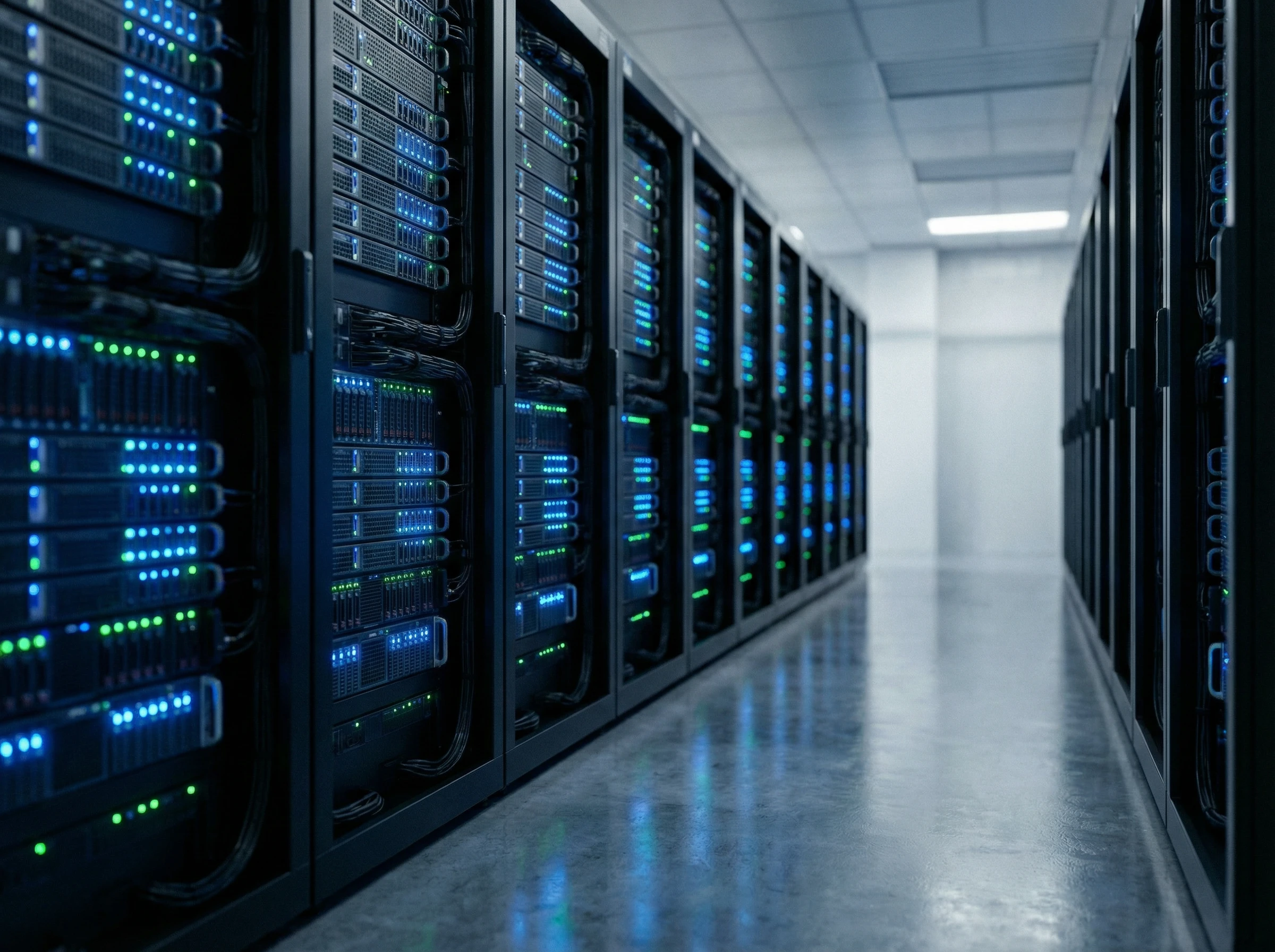 Rack-uri de servere moderne într-un data center securizat pentru găzduire web performantă