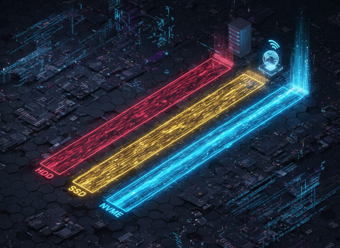 Comparatie grafică abstractă între viteza HDD, SSD și NVMe pentru hosting